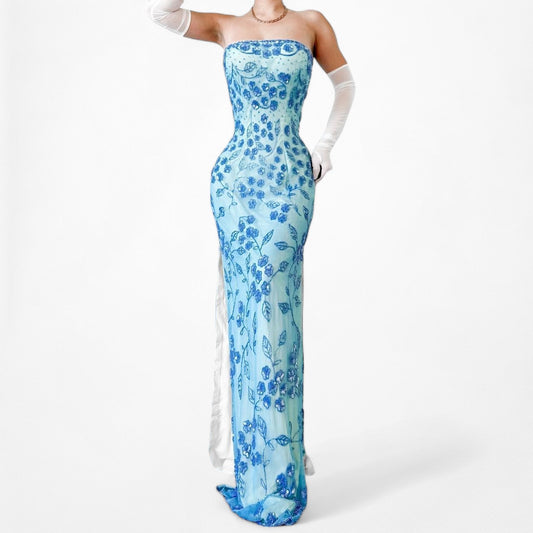 Vintage Blue Strapless Floral Beaded Silk Side Slit Maxi Bodycon Formal Cocktail Dress Size S