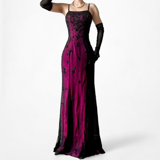 Vintage Pink Black Silk Floral Beaded Bodycon Maxi Formal Cocktail Prom Dress Size S/M