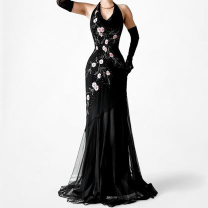 Black Pink Floral Beaded Silk Mesh Fit Flared Slip On Cocktail Formal Dress Size M/L