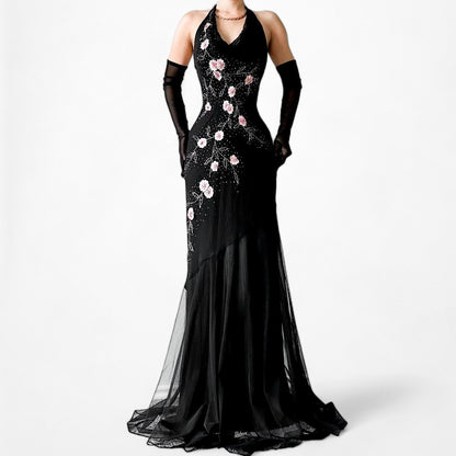 Black Pink Floral Beaded Silk Mesh Fit Flared Slip On Cocktail Formal Dress Size M/L