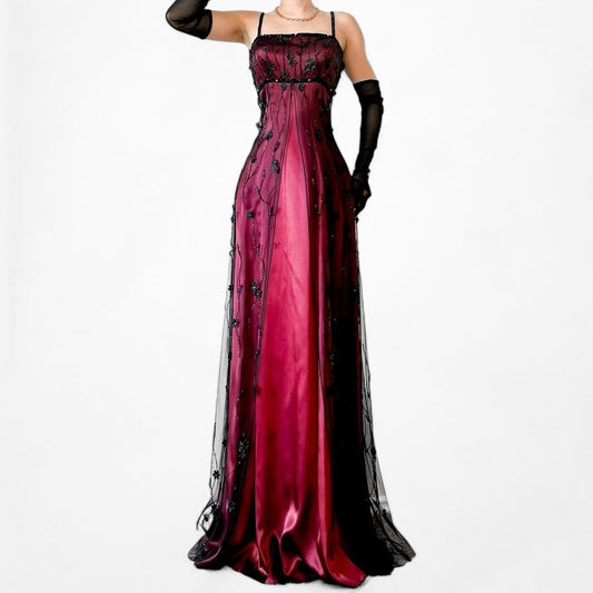 Vintage Burgundy Red Black Floral Beaded Mesh Satin Maxi Formal Cocktail Prom Dress Size S/M