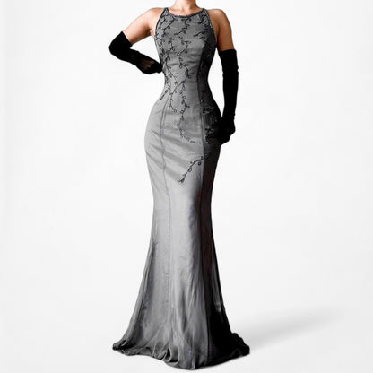 Vintage Gray Floral Beaded Silk Mesh Fishtail Bodycon Maxi Formal Prom Dress Size M