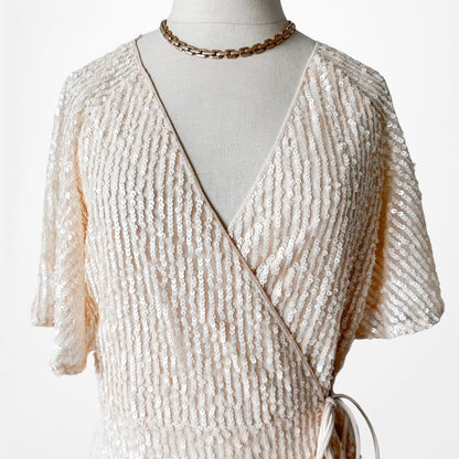 Zara Off White Cream Ruffle Short Sleeve Wrap Flared Sequin Mini Dress Size L