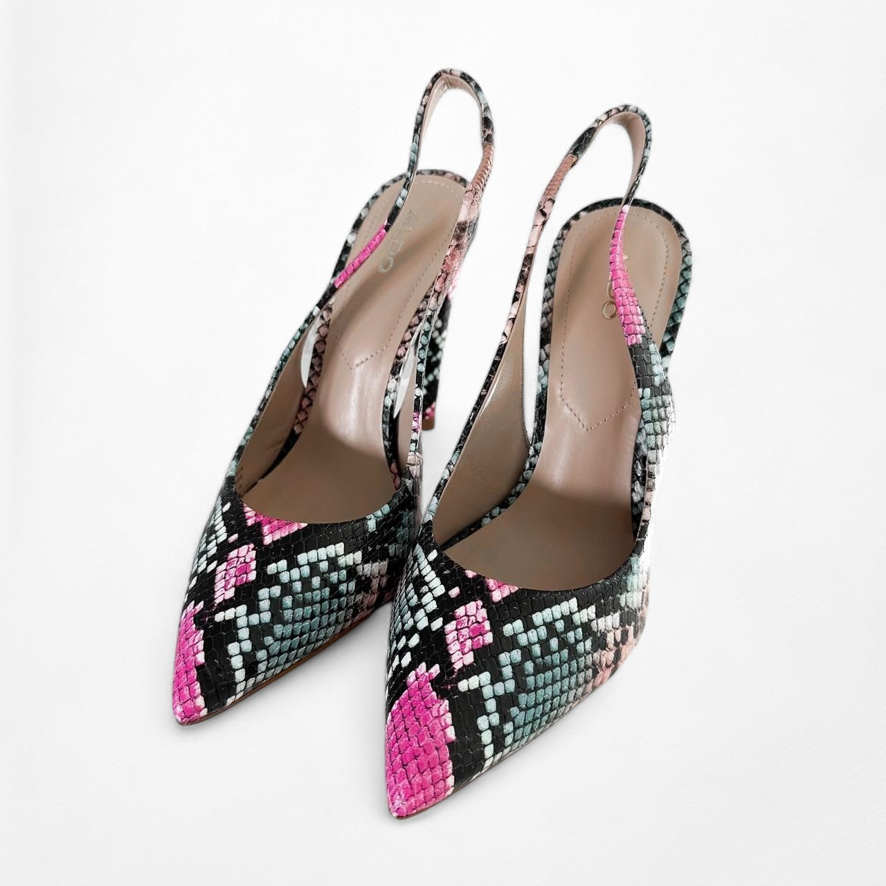 Aldo Pink Black Animal Snake Print Slingback Stiletto Pointy Toe Heels Size 6.5