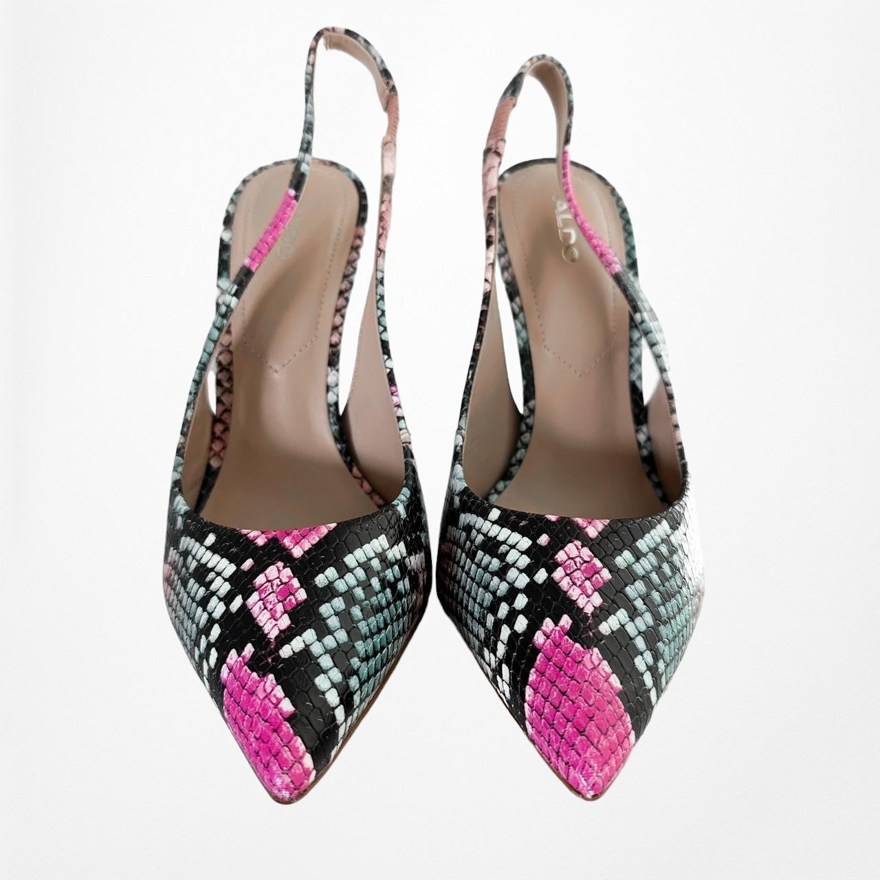 Aldo Pink Black Animal Snake Print Slingback Stiletto Pointy Toe Heels Size 6.5