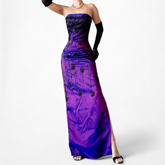 Vintage Purple Blue Strapless Floral Velvet Satin Metallic Side Slit Cocktail Formal Prom Dress Size S