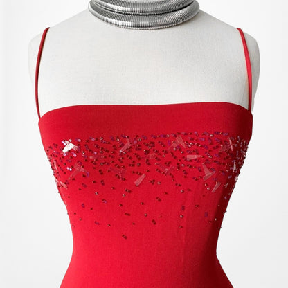 Red Sequin Knit Bodycon Side Slit Maxi Cocktail Formal Dress Size M