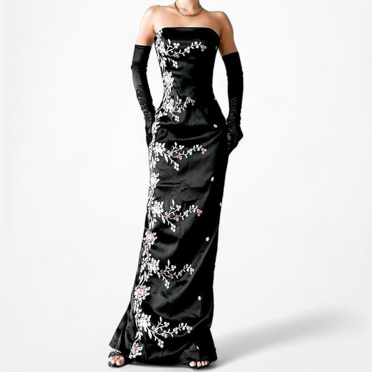 Vintage Black Strapless Floral Embroidered Satin Maxi Bodycon Cocktail Formal Dress Size Medium