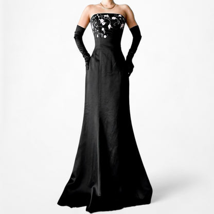 Vintage Black Pink Floral Beaded Satin Strapless Bodycon Maxi Formal Prom Dress Size S