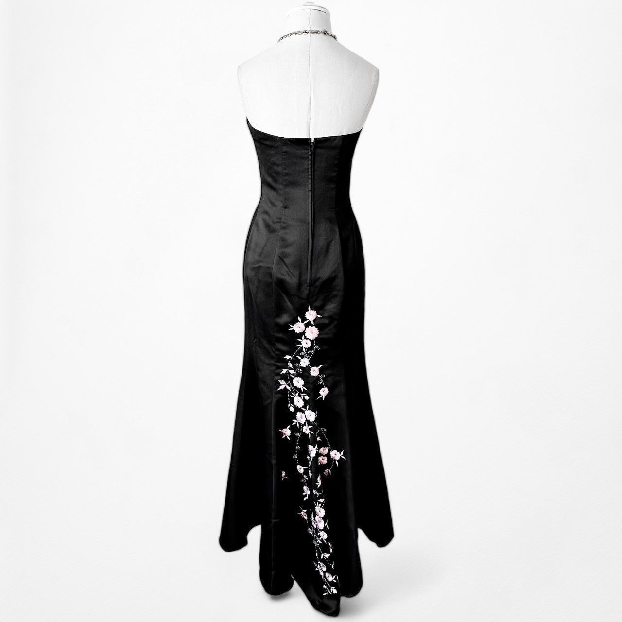 Vintage Black Pink Floral Beaded Satin Strapless Bodycon Maxi Formal Prom Dress Size S