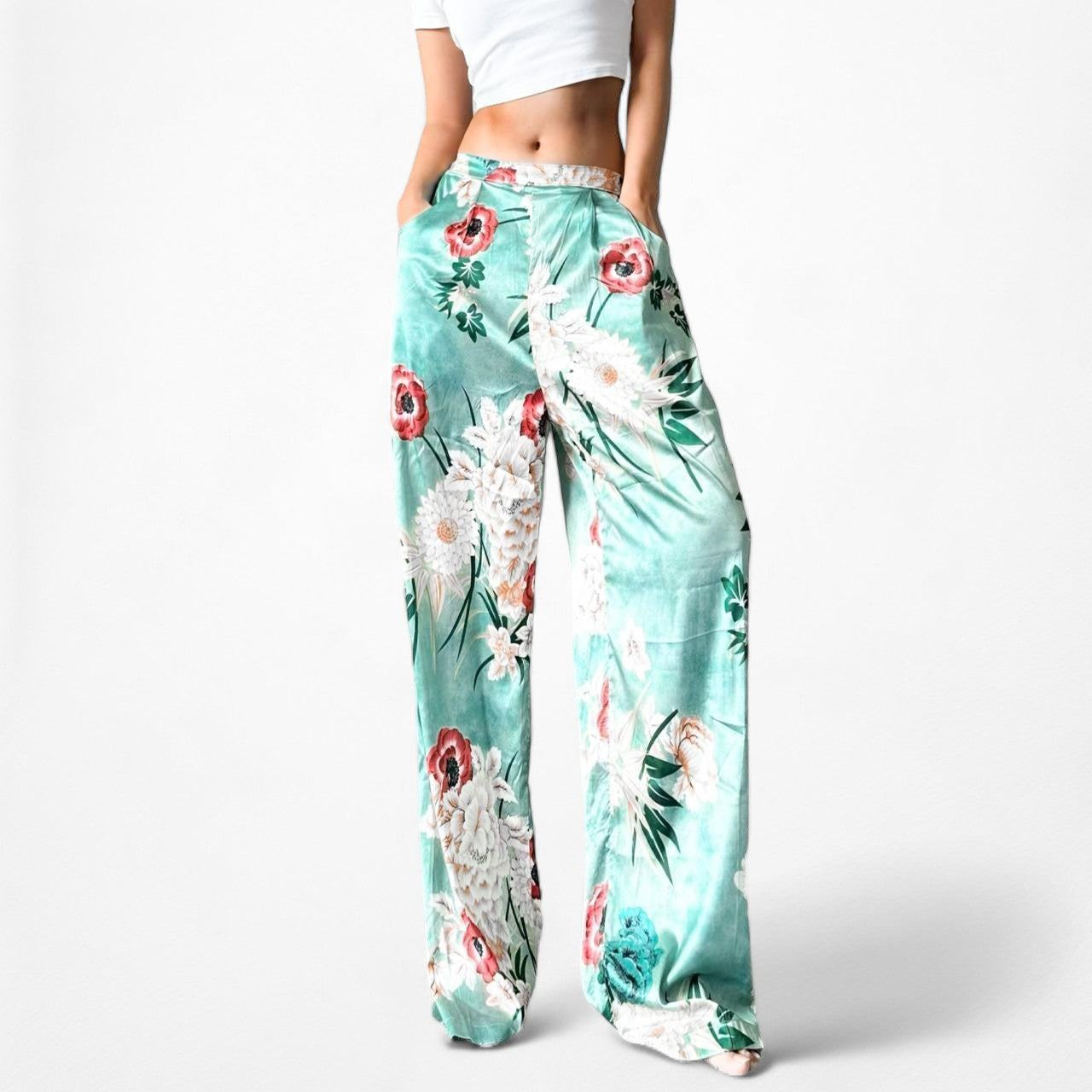 Missguided High Waisted Satin Floral Wide Leg Pants Size 4/XS/S