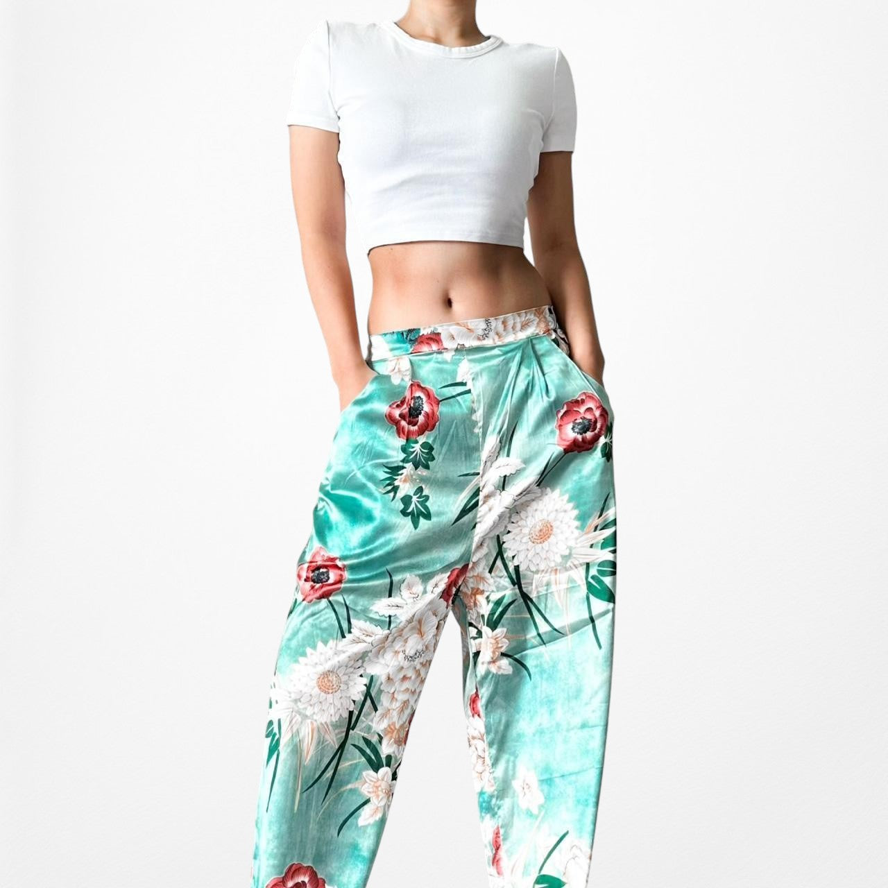 Missguided High Waisted Satin Floral Wide Leg Pants Size 4/XS/S