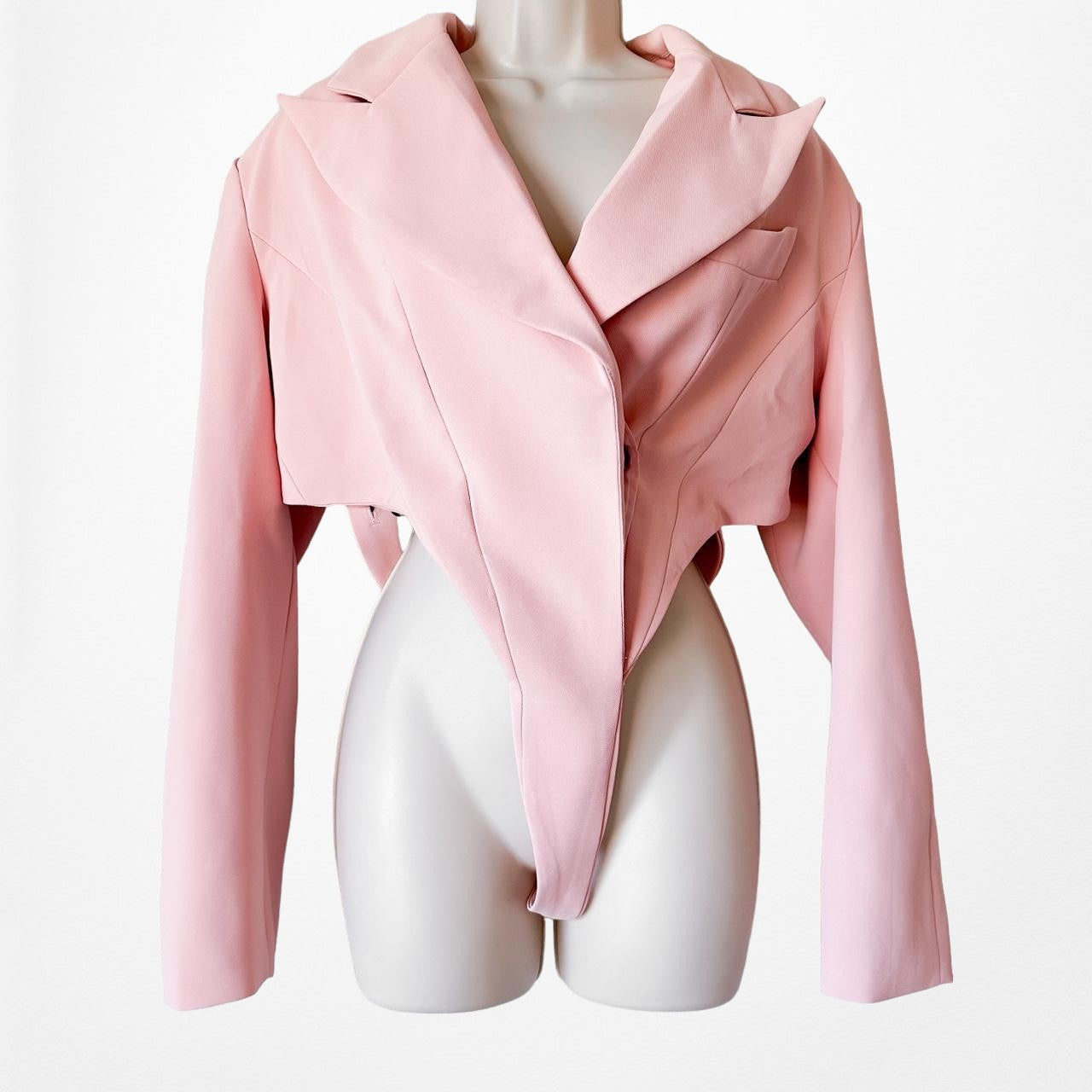 Pastel Pink Padded Shoulder Oversized Bodysuit Cropped Blazer Jacket Size L