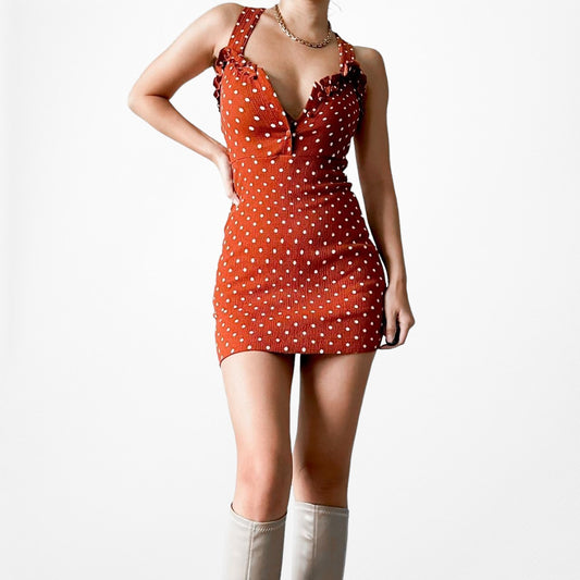 Urban Outfitters Orange Polka Dot Knit Halter Ruffle Mini Bodycon Dress Size S