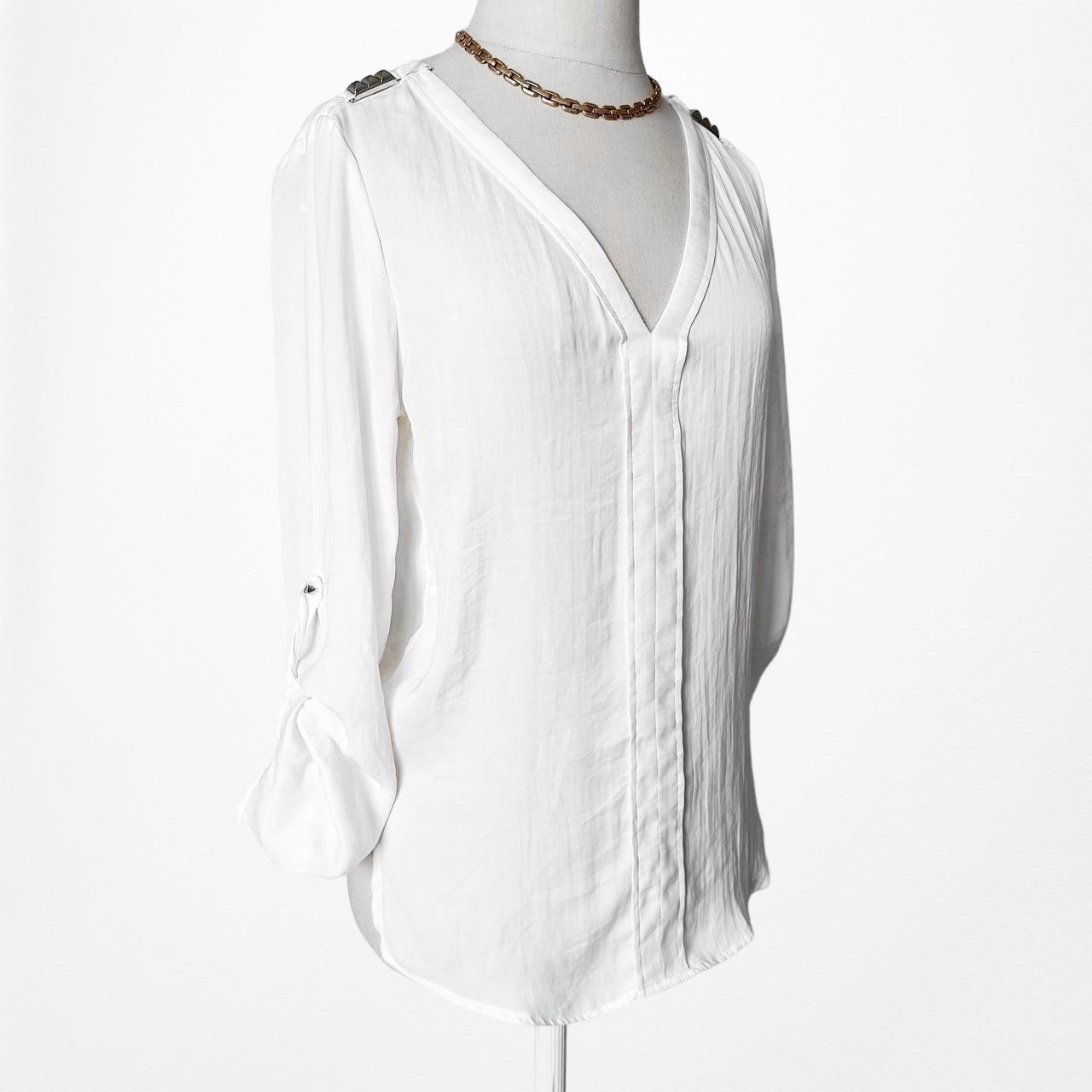 Zara Off White Gold Hardware VNeck Quarter Sleeve Satin Blouse Size XS/S