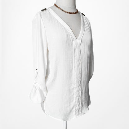 Zara Off White Gold Hardware VNeck Quarter Sleeve Satin Blouse Size XS/S