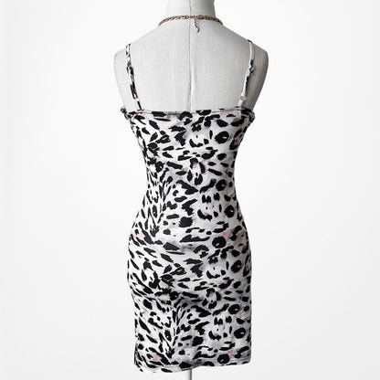 Vintage Y2K White Black Lace Trim VNeck Side Slit Mini Knit Bodycon Dress Size XS/S/M