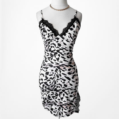 Vintage Y2K White Black Lace Trim VNeck Side Slit Mini Knit Bodycon Dress Size XS/S/M