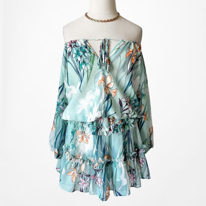 Revolve Yumi Kim Blue Floral Off The Shoulder Long Sleeve Mini Dress Size XS