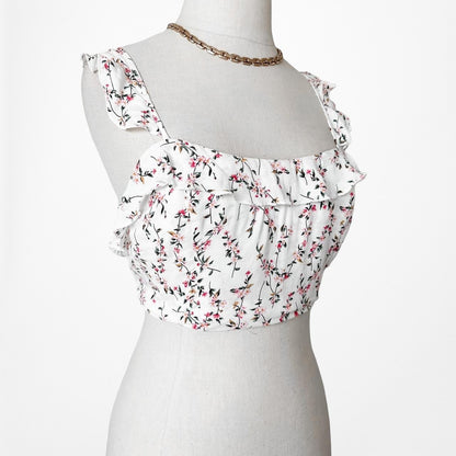 Blue Life White Ruffle Floral Bustier Crop Top Size S