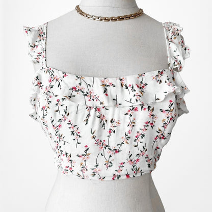 Blue Life White Ruffle Floral Bustier Crop Top Size S