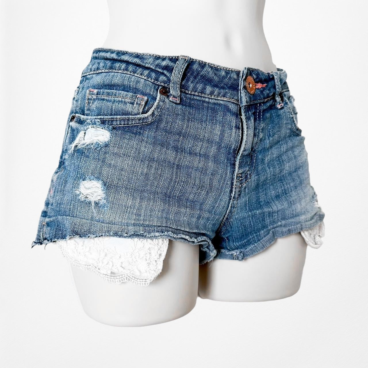 Aeropostale Medium Wash Distressed Destroyed Mid Rise Denim Shorts Size S