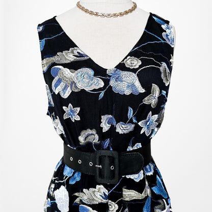 Blue Black V-Neck Floral Tunic Tank Knee Length Flared Summer Dress Size M