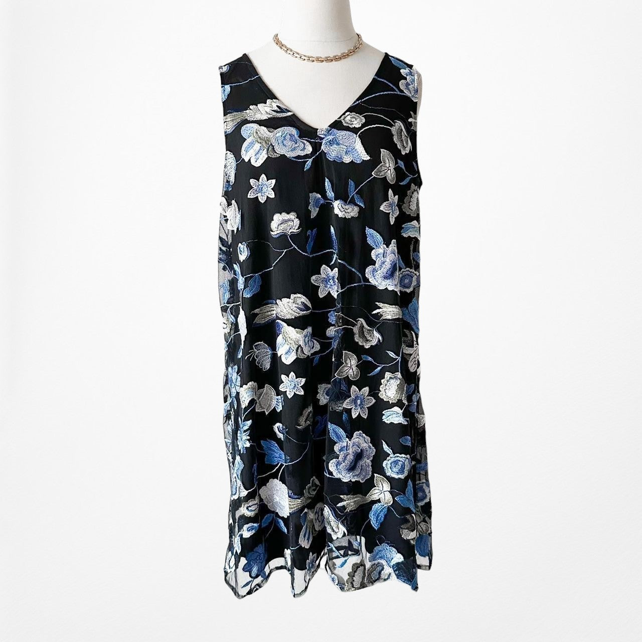 Blue Black V-Neck Floral Tunic Tank Knee Length Flared Summer Dress Size M