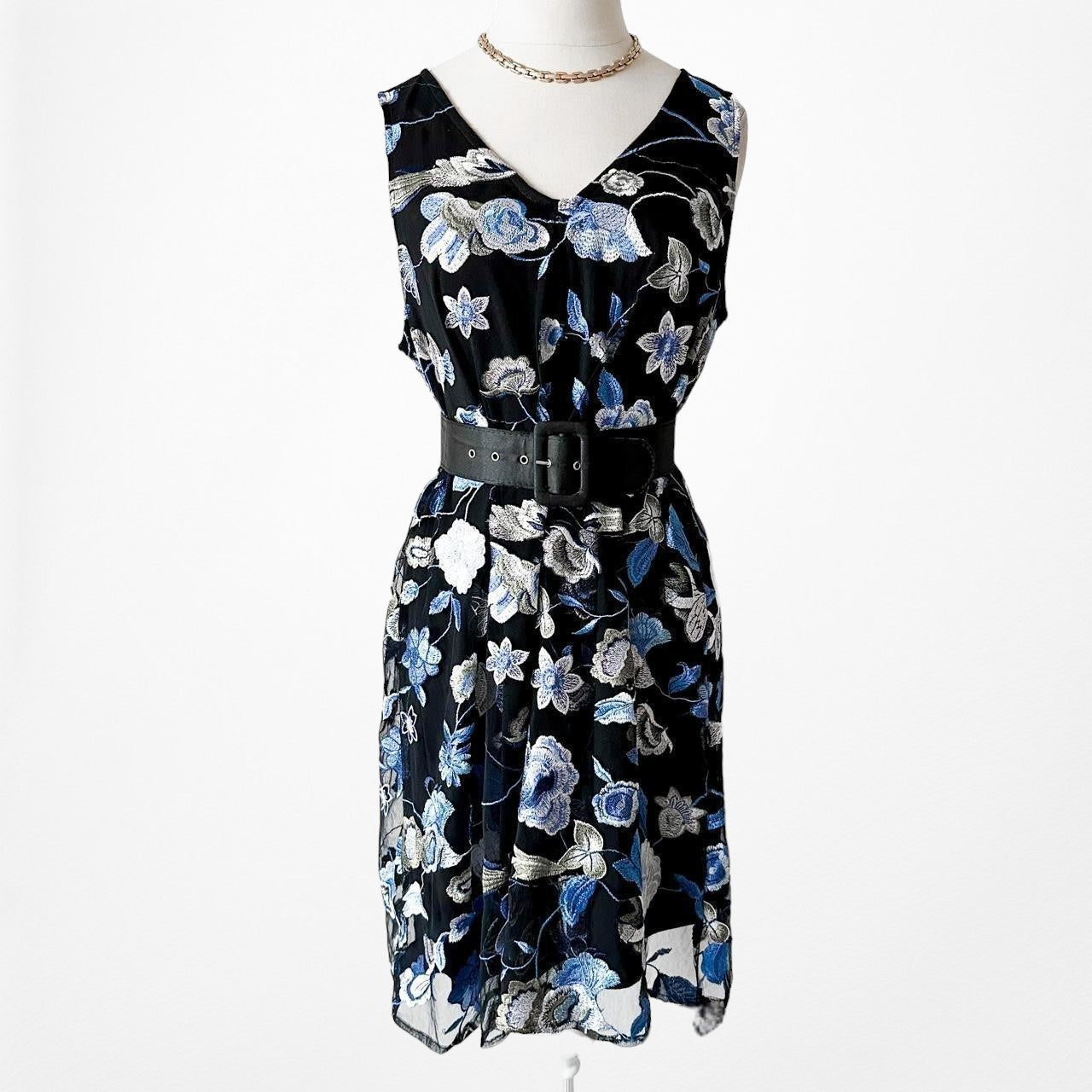 Blue Black V-Neck Floral Tunic Tank Knee Length Flared Summer Dress Size M