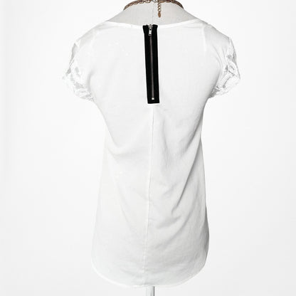 Vintage Y2K White Floral Lace Sheer Top Scoop Neck High Low Blouse Size XS/S