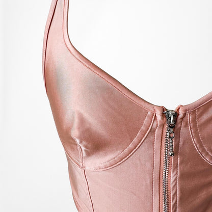 Vintage Y2K Pink Zip Up Bustier Corset Knit Scoop Neck Satin Crop Top S
