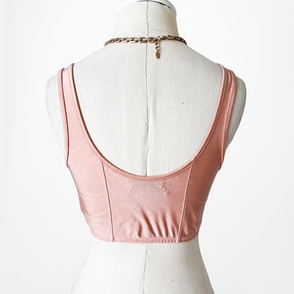 Vintage Y2K Pink Zip Up Bustier Corset Knit Scoop Neck Satin Crop Top S