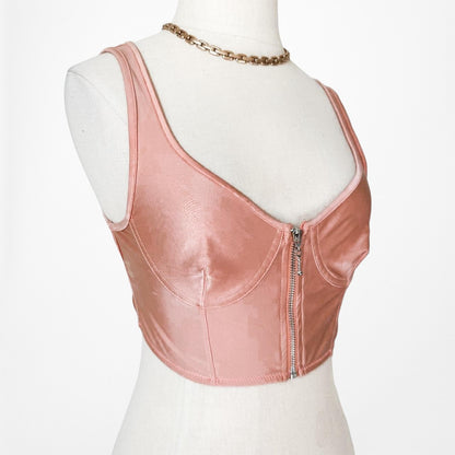 Vintage Y2K Pink Zip Up Bustier Corset Knit Scoop Neck Satin Crop Top S