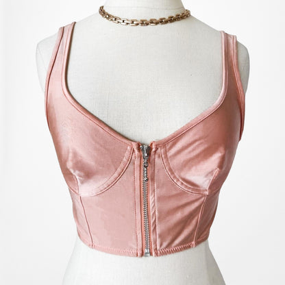 Vintage Y2K Pink Zip Up Bustier Corset Knit Scoop Neck Satin Crop Top S
