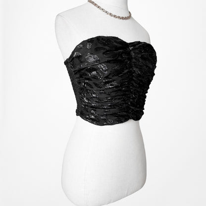 Vintage Y2K Black Sequin Sweetheart Neckline Strapless Tube Crop Top Size S