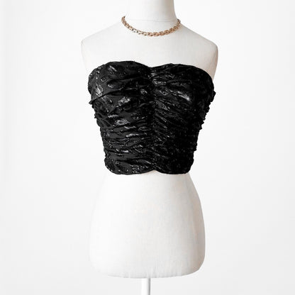 Vintage Y2K Black Sequin Sweetheart Neckline Strapless Tube Crop Top Size S
