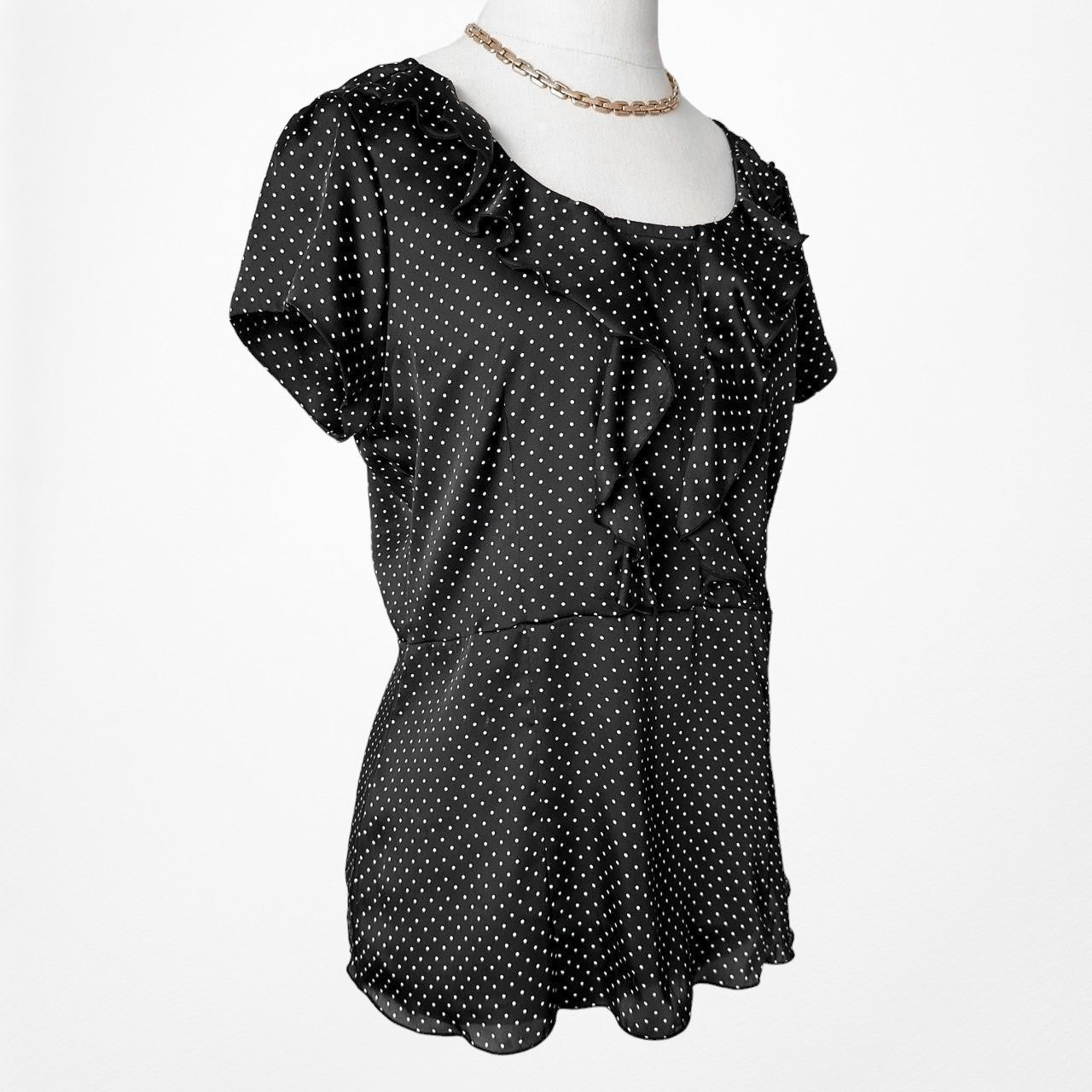 Axcess Black Satin Polka Dot Scoop Neck Puffy Sleeve Blouse Top Size S