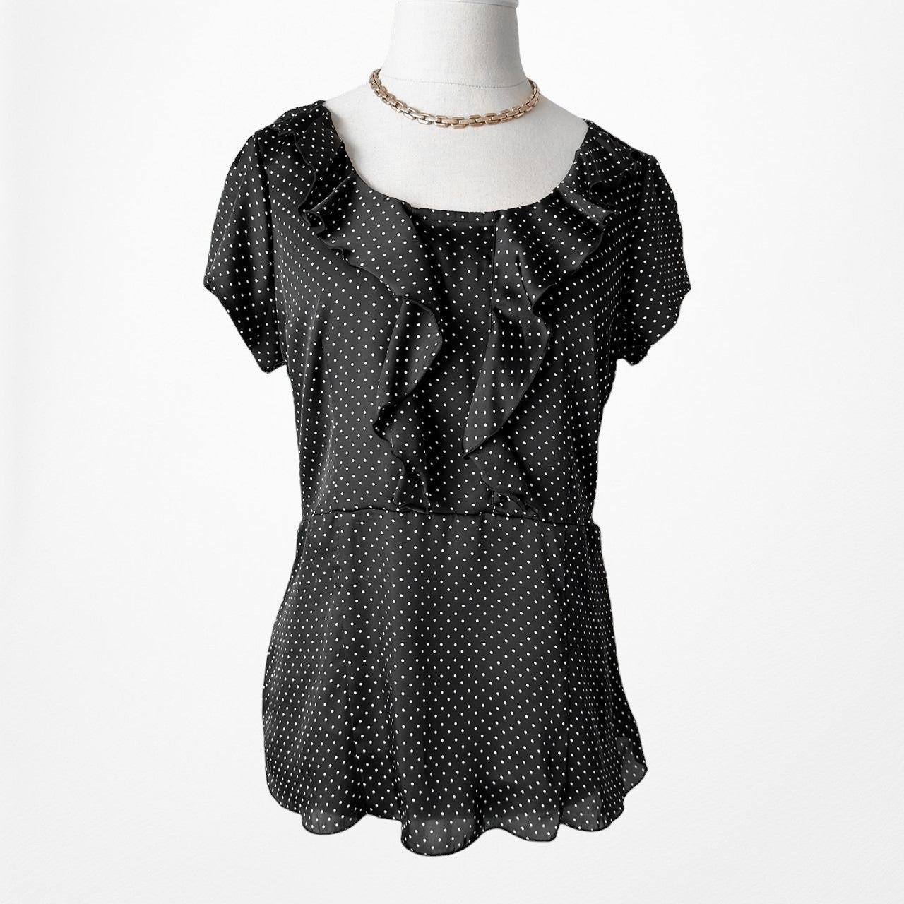 Axcess Black Satin Polka Dot Scoop Neck Puffy Sleeve Blouse Top Size S