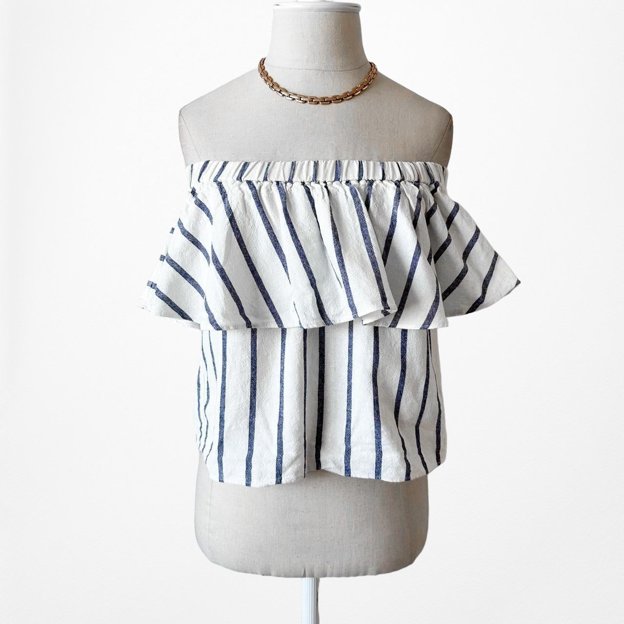 Topshop White Off Shoulder Ruffle Striped Top Size XS