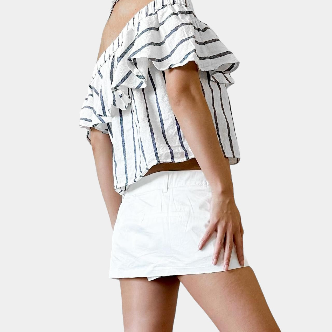 Topshop White Off Shoulder Ruffle Striped Top Size XS