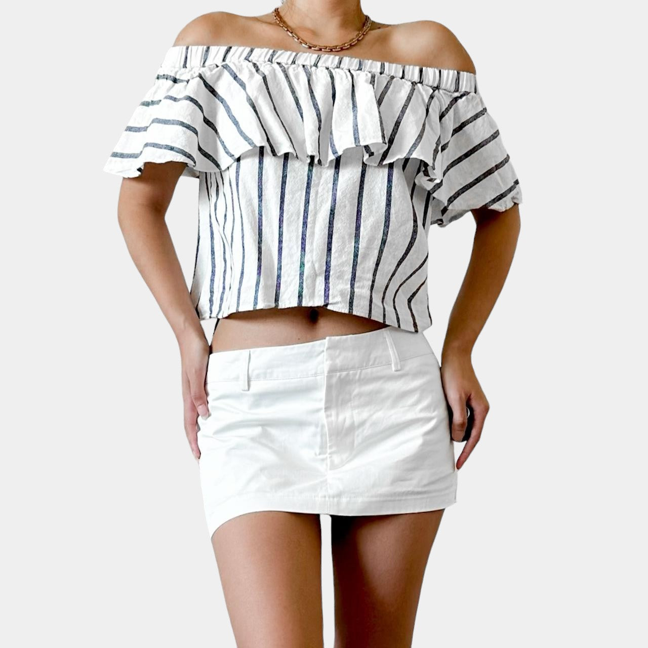 Topshop White Off Shoulder Ruffle Striped Top Size XS