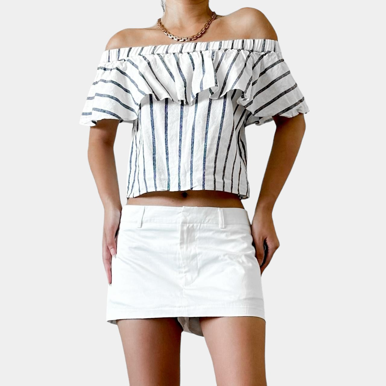 Topshop White Off Shoulder Ruffle Striped Top Size XS