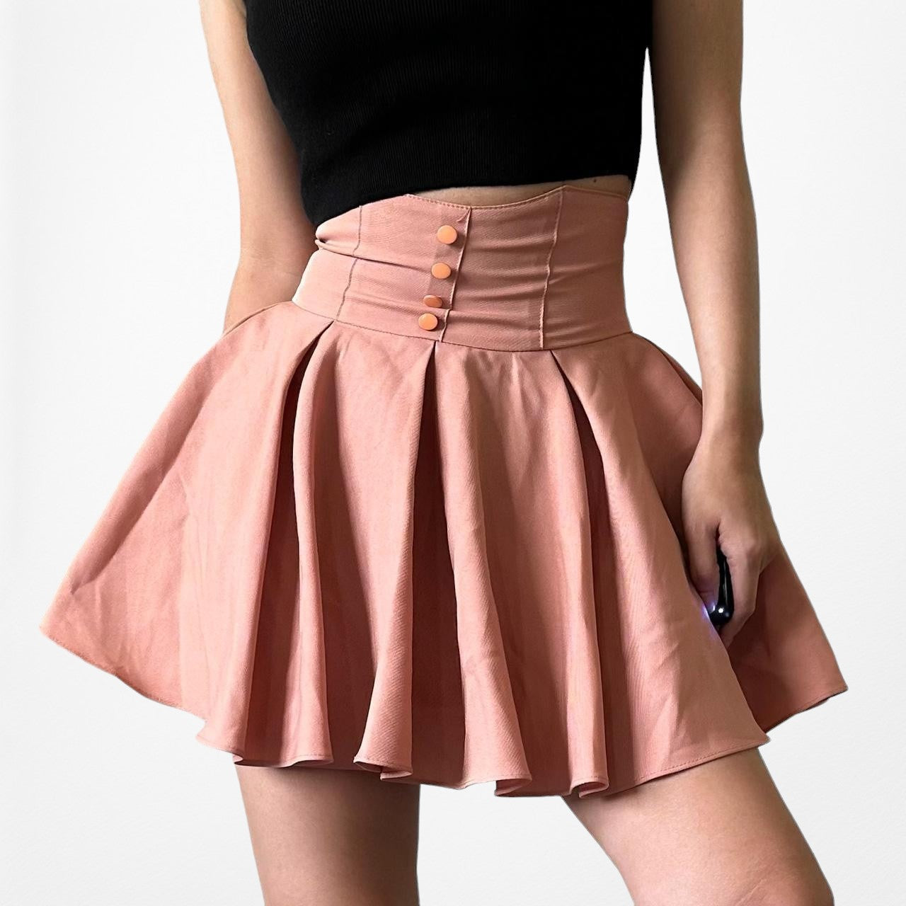 YesStyle Pink Button Front High Waisted Flared Pleated Skater Mini Skirt Size XS