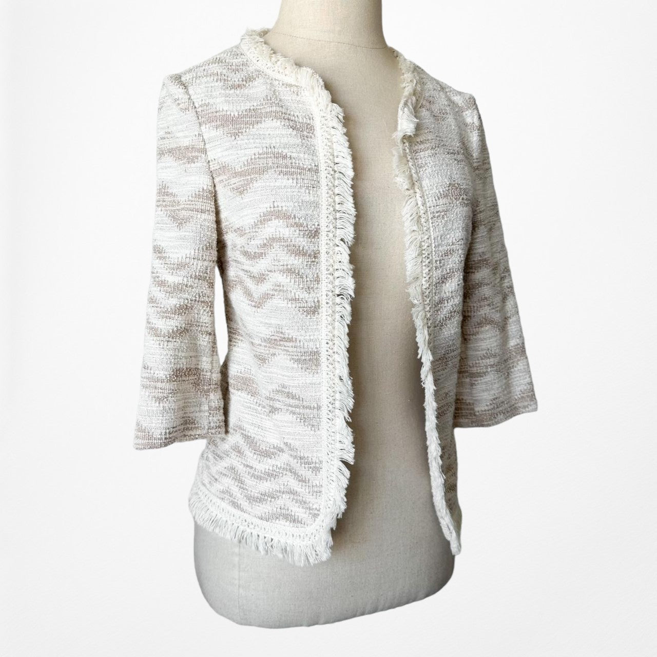 New Look White Ivory Cream Striped Fringe Cardigan Jacket Blazer Size S