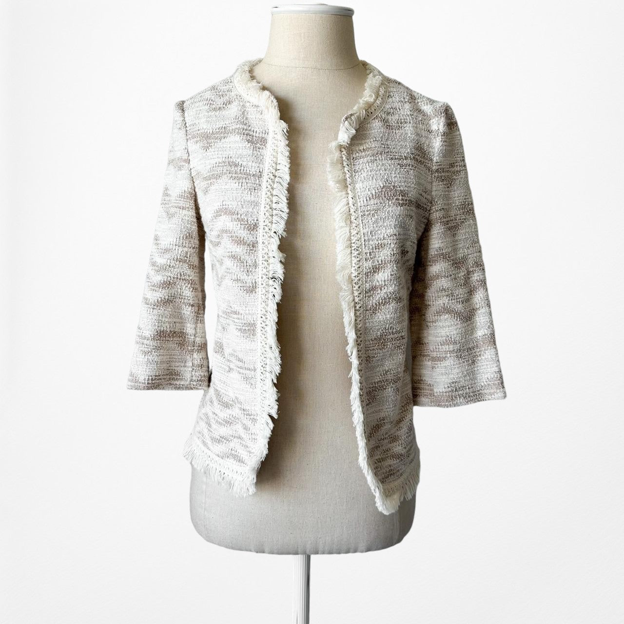 New Look White Ivory Cream Striped Fringe Cardigan Jacket Blazer Size S