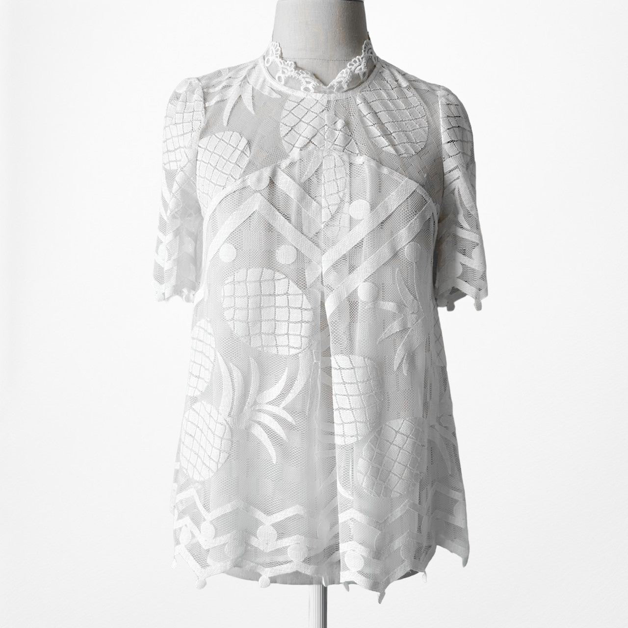 Anthropologie White Lace Sheer Short Sleeve Babydoll Blouse Top Size 2/S