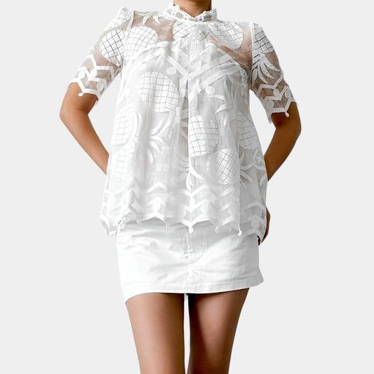 Anthropologie White Lace Sheer Short Sleeve Babydoll Blouse Top Size 2/S