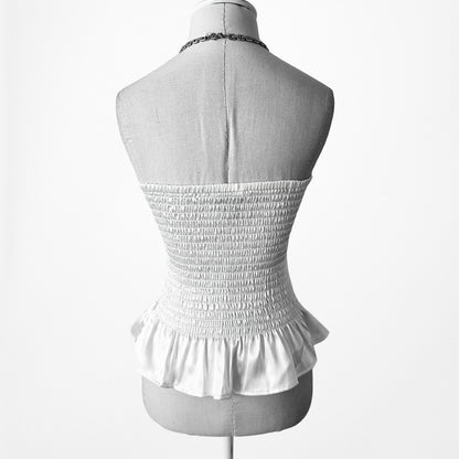 Vintage Y2K White Satin Strapless Bustier Corset Peplum Top Size S