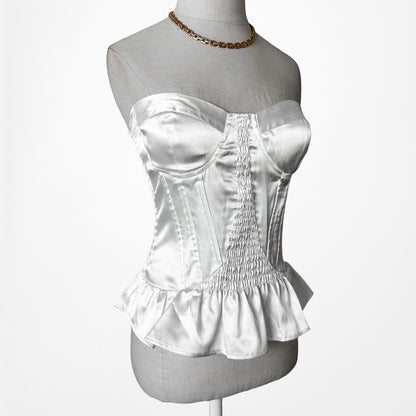 Vintage Y2K White Satin Strapless Bustier Corset Peplum Top Size S