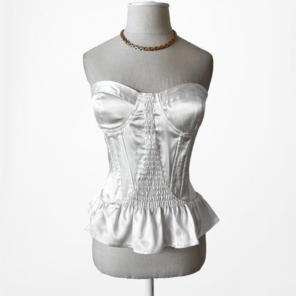 Vintage Y2K White Satin Strapless Bustier Corset Peplum Top Size S